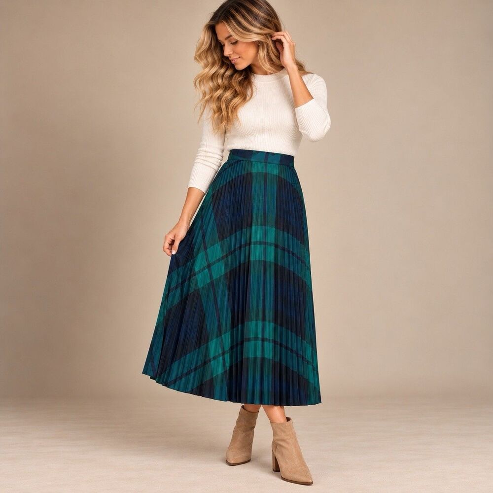 Talbots Pleated Midi Skirt Womens 8 Black Watch Tartan Plaid Holiday Preppy